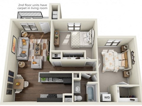 this is a 3d floor plan of a 884 square foot 1 bedroom apartment at the